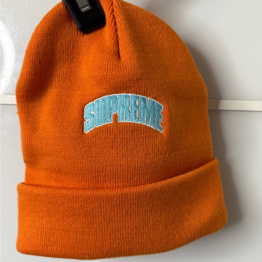 Supreme Unisex Beanie in Orange with Blue Logo